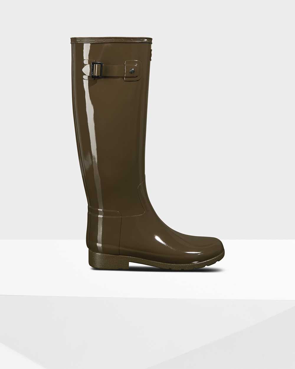 Hunter Refined Slim Fit Tall Gloss Women's Rain Boots NZ-19564Z Camo Green